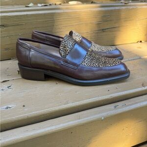 Neiman Marcus Brown Leather Loafers with Leopard Print
